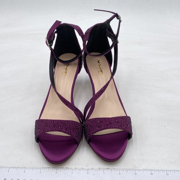 XYD Purple Satin Rhinestone Kitten Heel Sandals Ankle Strap Open Toe Prom Shoes - Picture 3 of 8